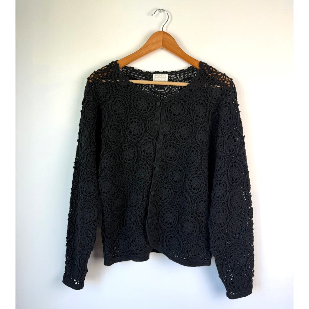 90's Vintage Moda Int'l Crochet Cardigan Sweater Black Victoria's Secret Size M